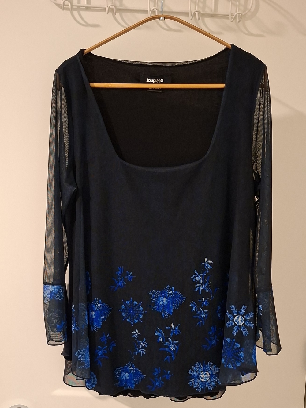 Desigual Black & Blue Sheer Bell-sleeve Whimsigoth Square-neck Top (Size XL)